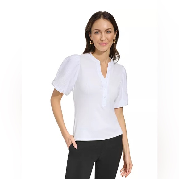 NWT DKNY Puff-Sleeve Ribbed Henley Shirt - Picture 1 of 5